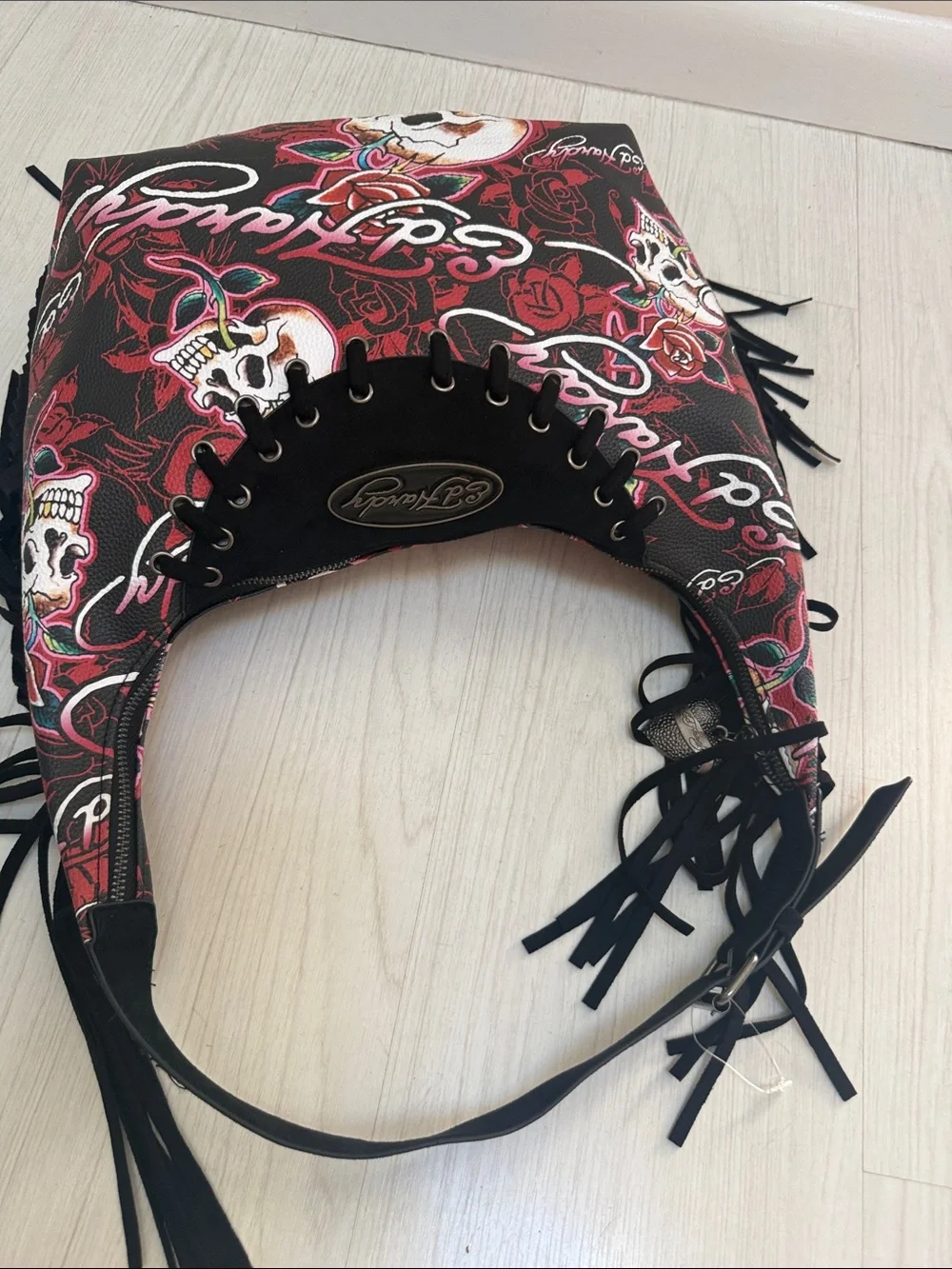 NWT Ed Hardy Skull & Rose Fringe Hobo